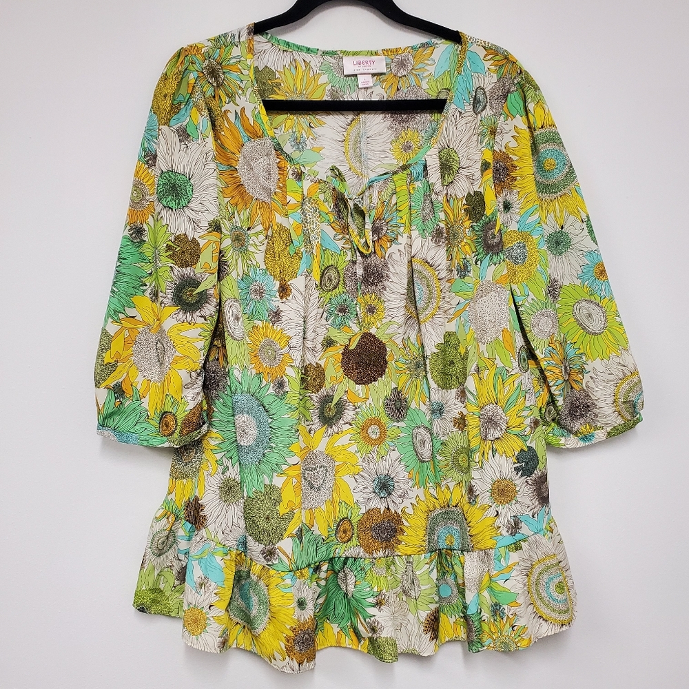 Liberty of London Blouse L Green Yellow Sunflower 70's Vibe Peasant Top
